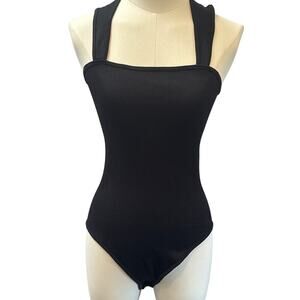 Womens Black Ribbed Sleeveless Bodysuit With Square Neck